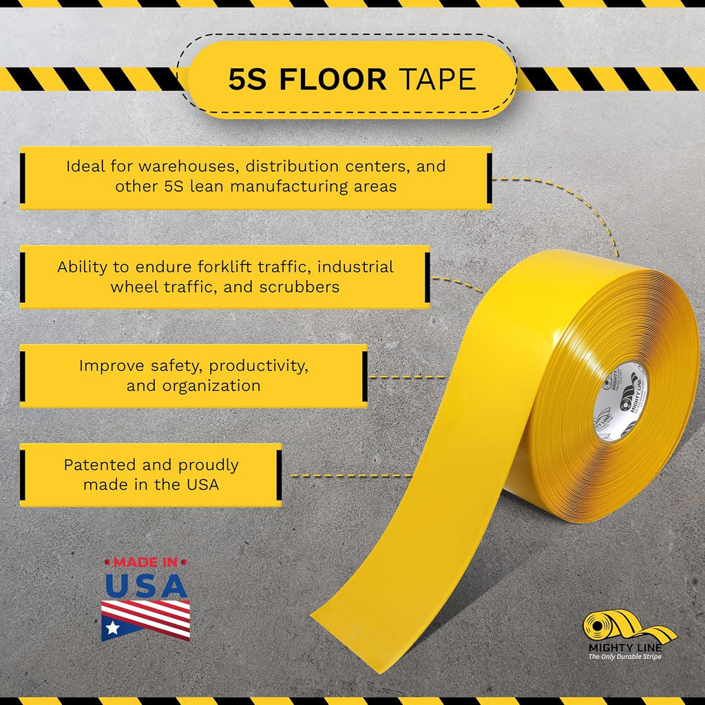 5S Floor Marking Tape, 4 in Wide, 100 ft Roll, Yellow