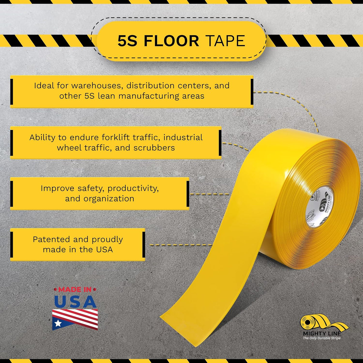 5S Floor Marking Tape, 4 in Wide, 100 ft Roll, Yellow