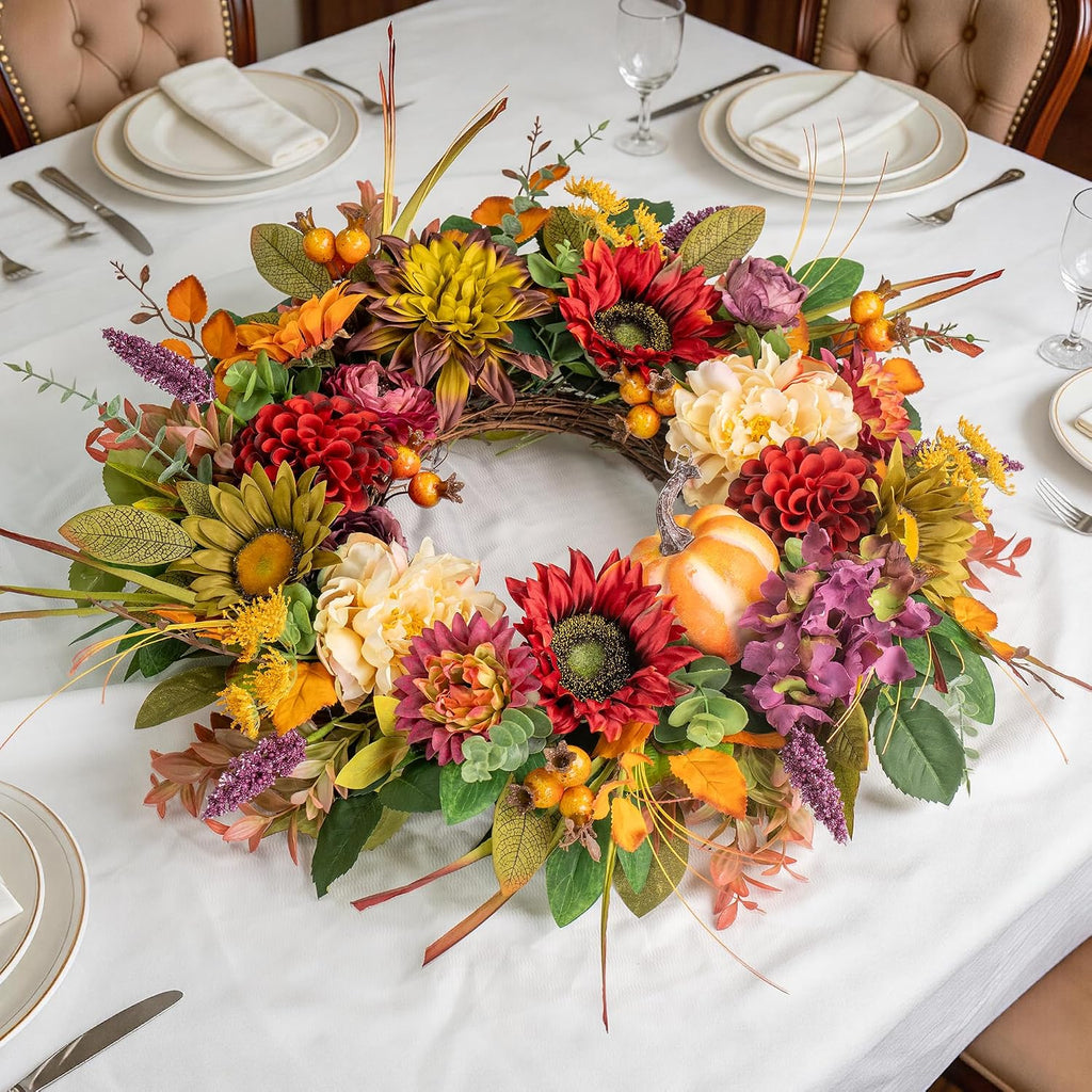 24 Inch Fall Wreaths for Front Door, Autumn Farmhouse Harvest Wreath | Fall Door Wreath with Sunflowers, Peony