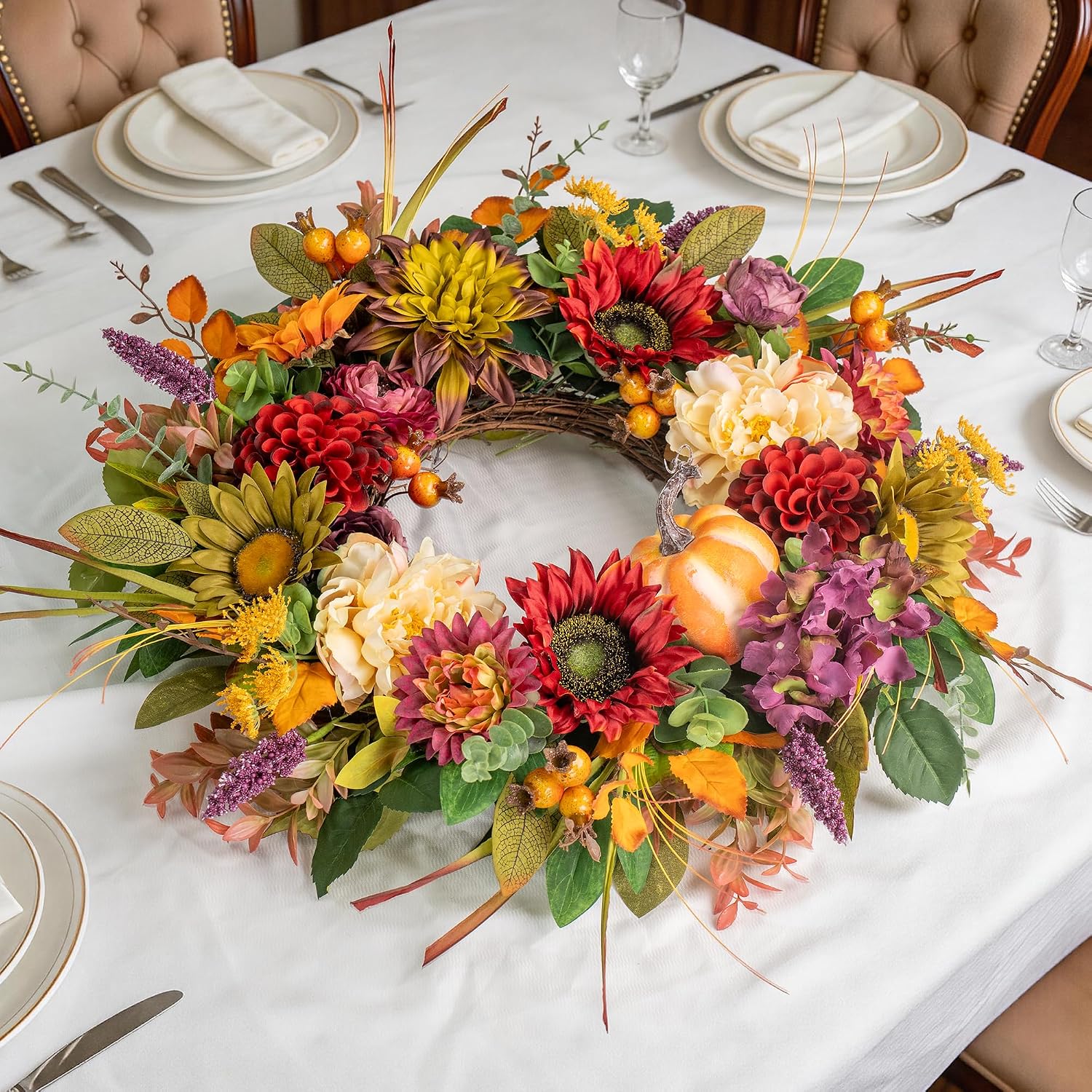 24 Inch Fall Wreaths for Front Door, Autumn Farmhouse Harvest Wreath | Fall Door Wreath with Sunflowers, Peony