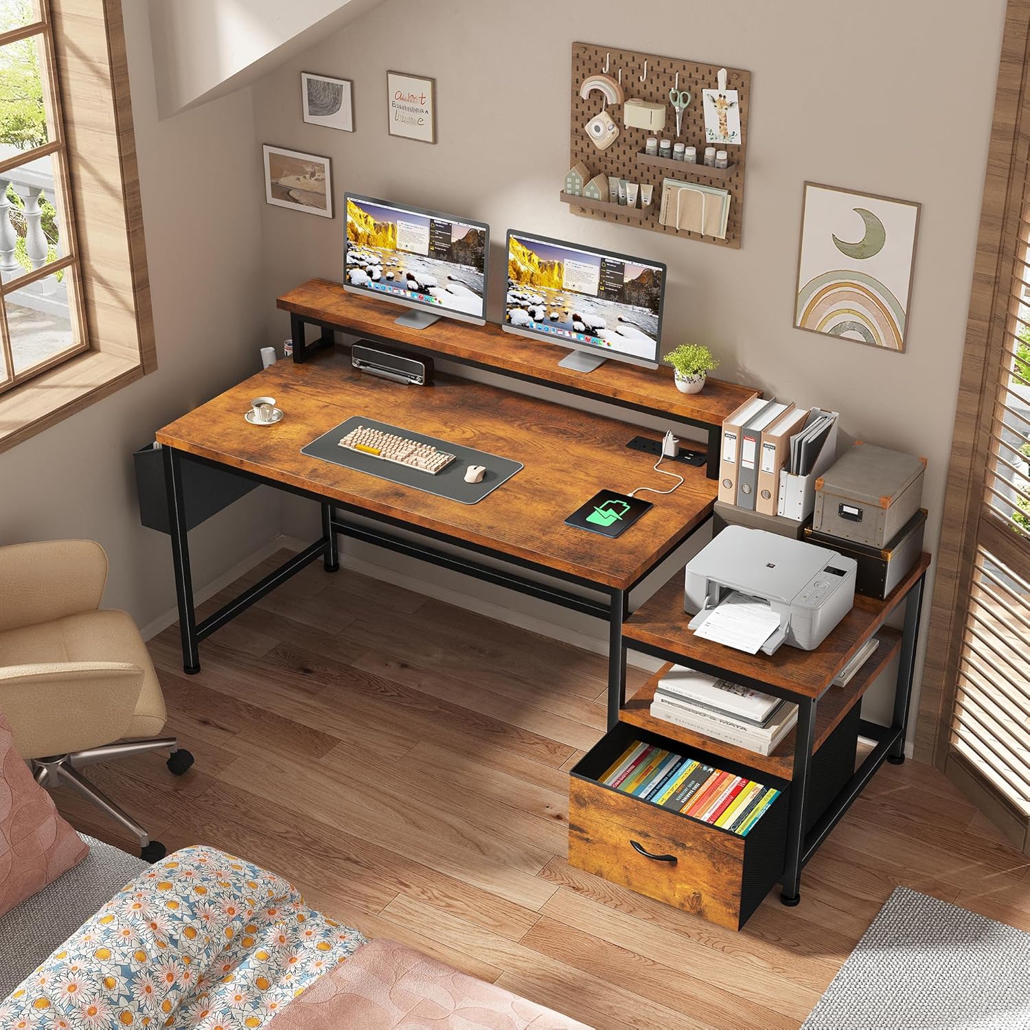 56.5" Office Desk with Drawers and Printer Space,Computer Desk with Power Outlets,Home Office Desks with File Drawers