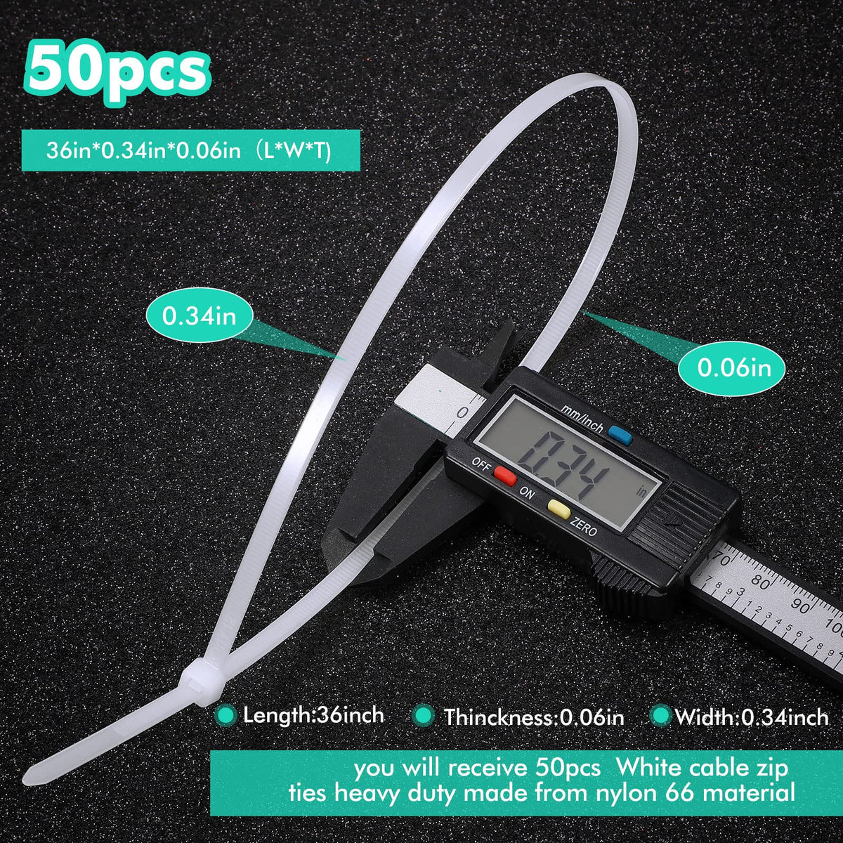 Shappy 36 Inch 50 Pack Large Zip Ties Heavy Duty Wire Ties, White