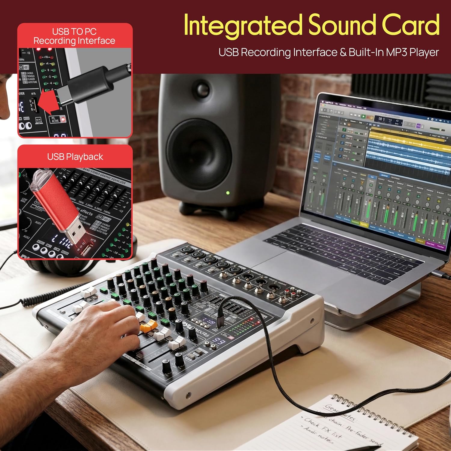 6 Channel Professional DJ Mixer Controller - 7-Band Graphic EQ, 99 DSP Effects, Bluetooth, USB Recording, +48V