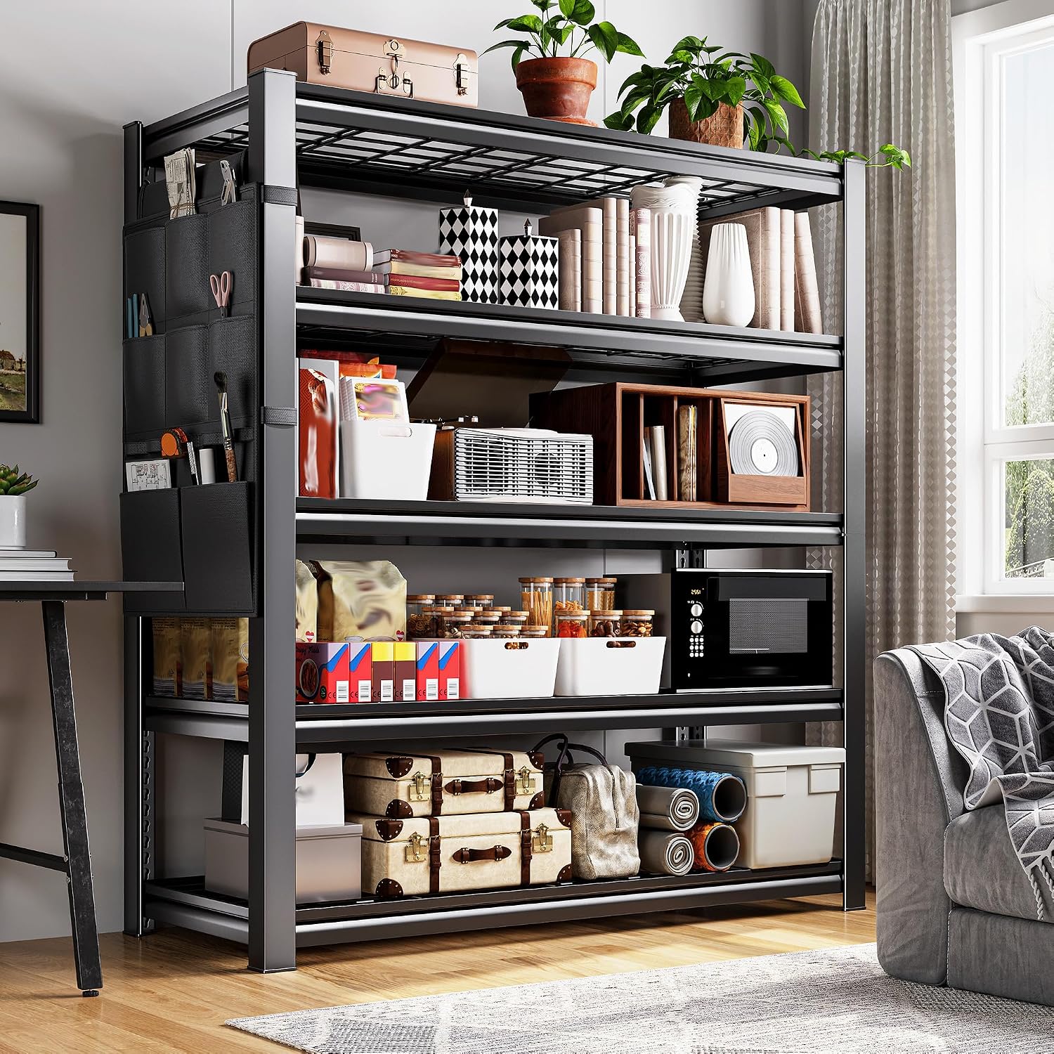 Storage Shelves,Heavy Duty Garage Shelving Load 2500LBS,5-Tier Metal Shelving Units with Tool Storage Bag, Adjustable