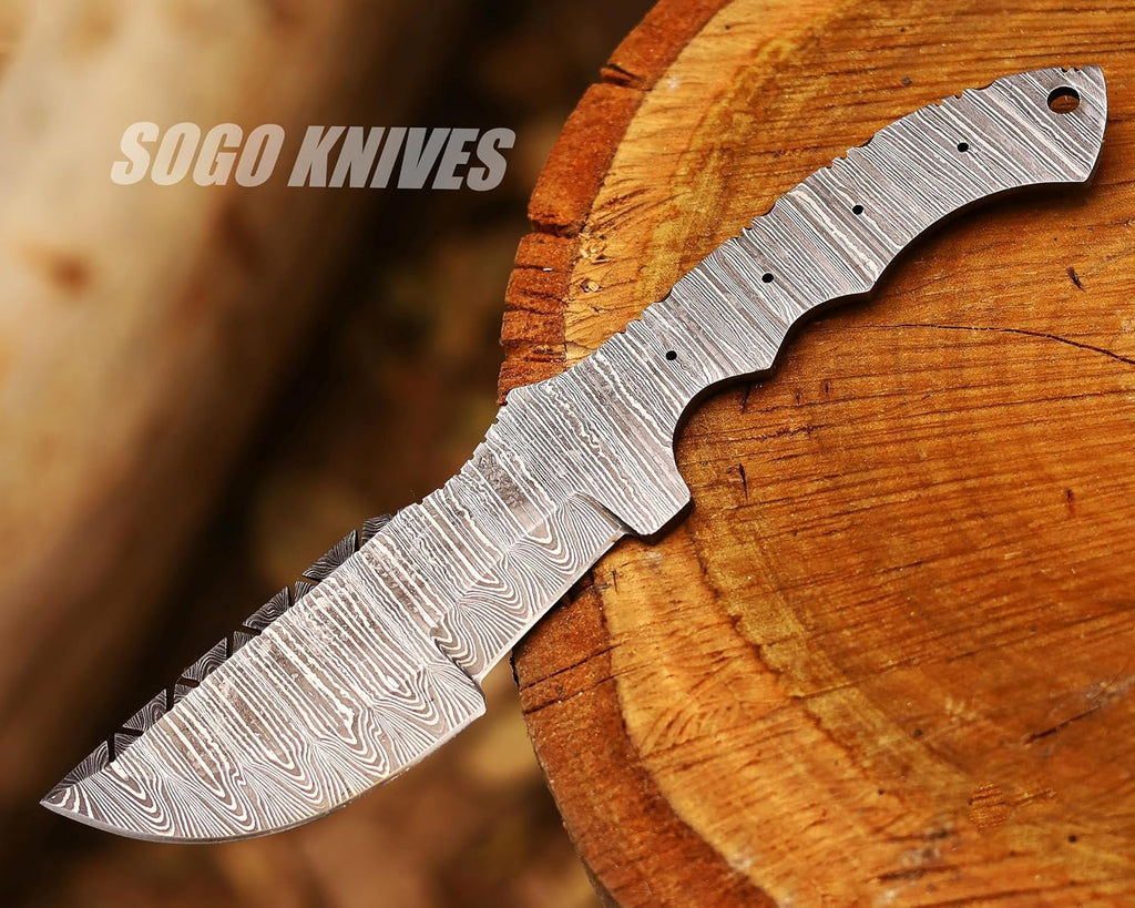 Damascus Tracker DIY Handmade Knife Kit - Includes Knife Blank, Steel Blade, Pins, Sheath, Handle Scales - Making