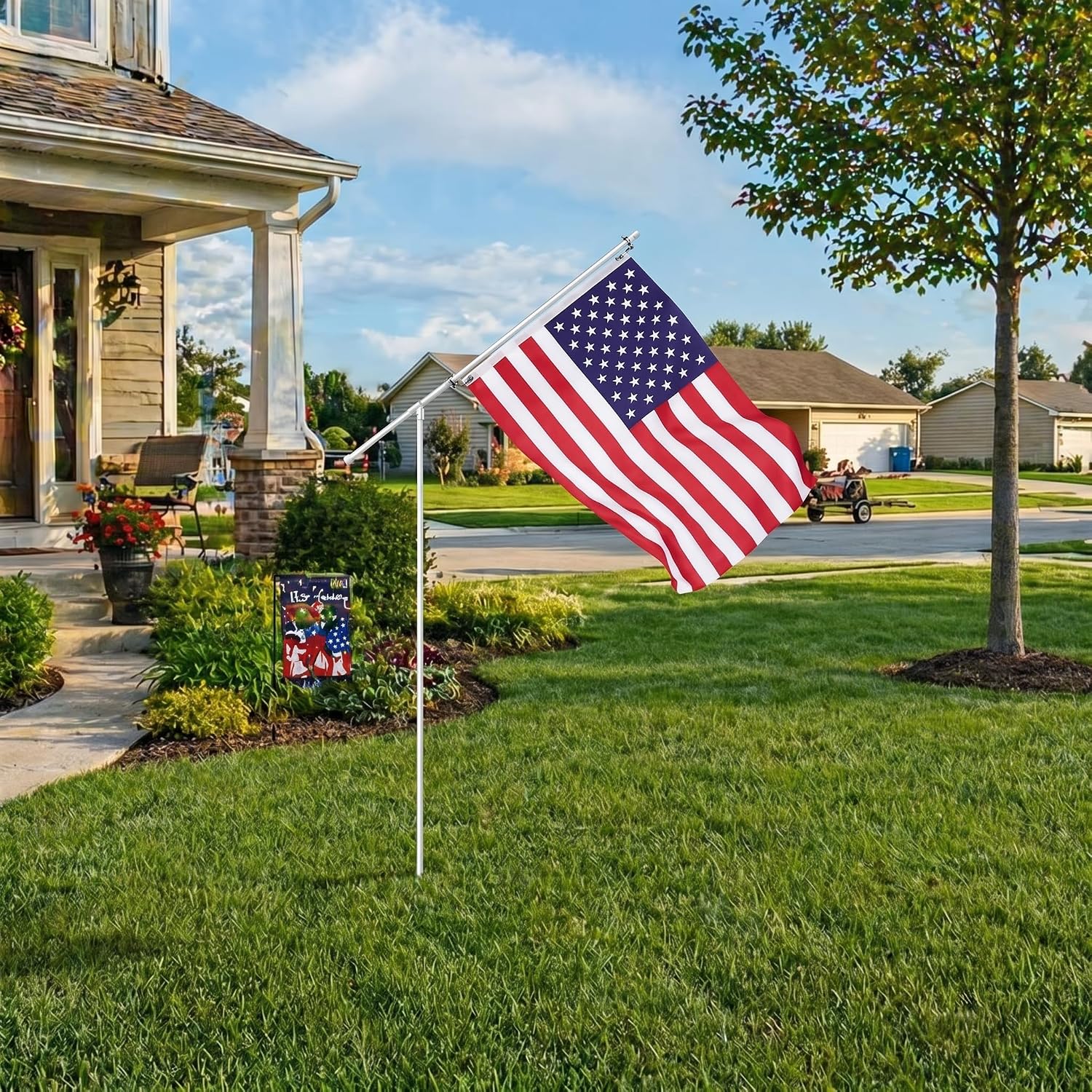Portable Flag Pole Kit with 3'x5' American Flag-PVC Telescoping Flagpole for RV, Camping, Tailgate-Tire Mount &