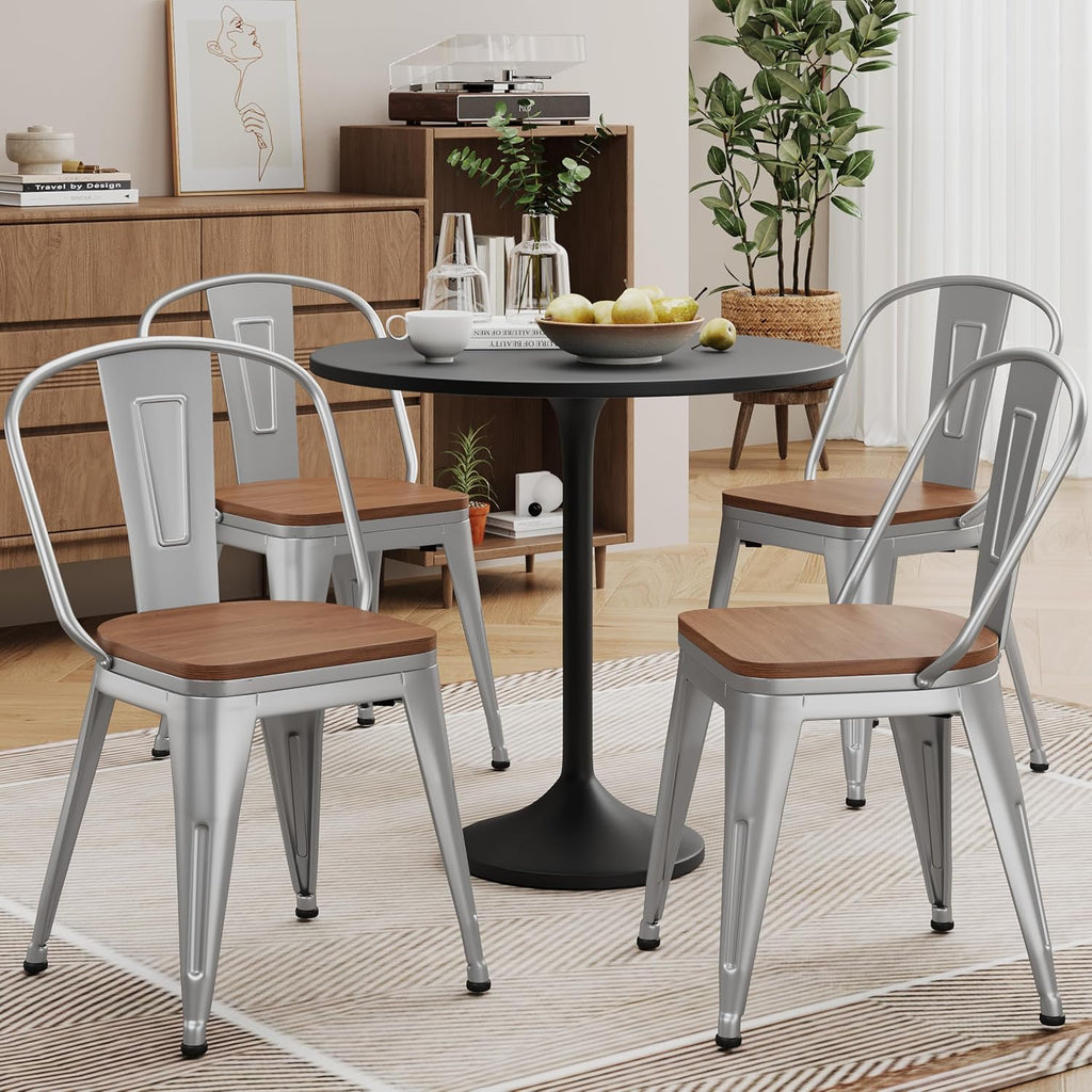 18inch Dining Chair Set of 4, Chic Iron Farmhouse Chairs Side Stools-Silver