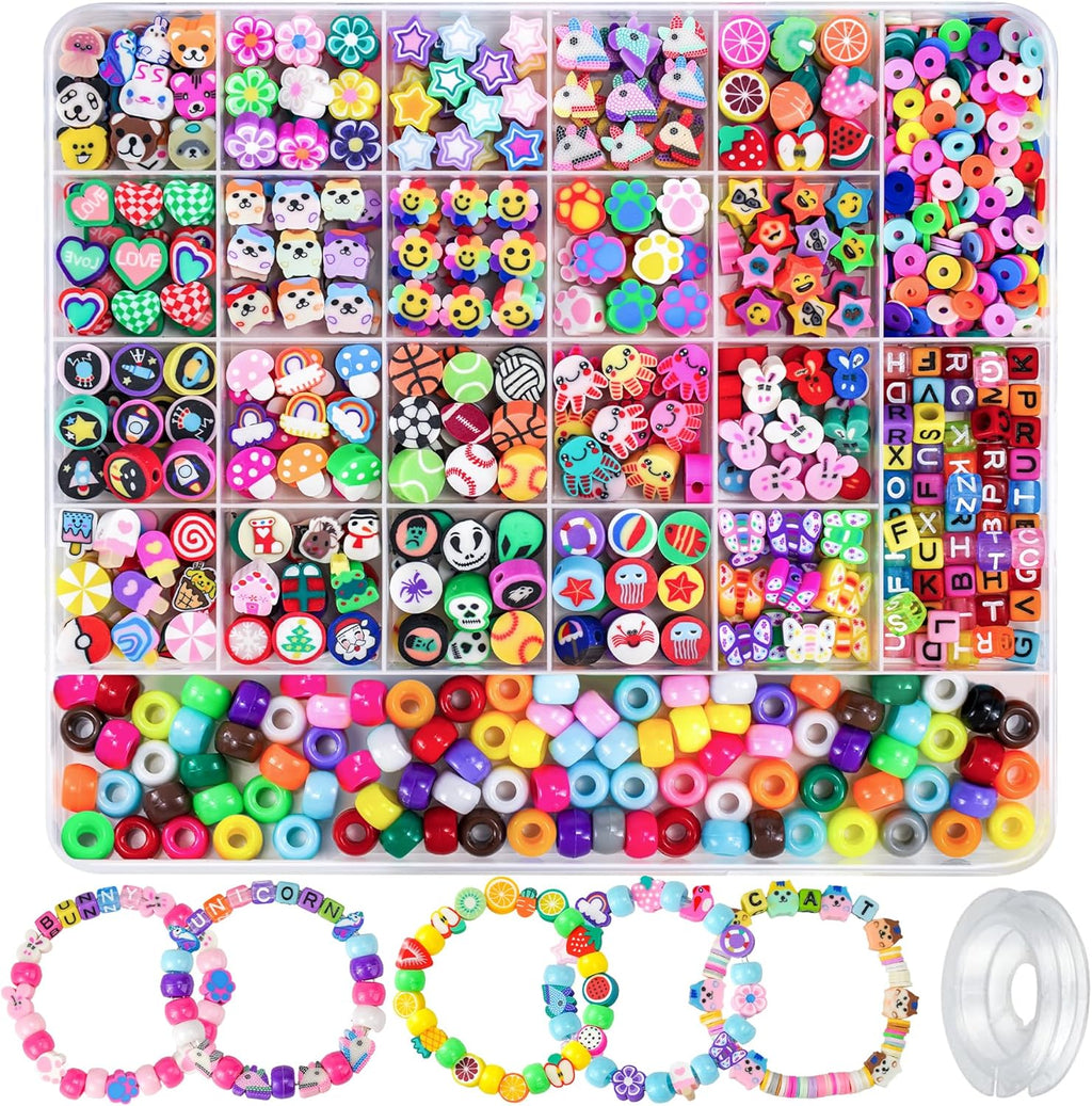 1200 Pcs Polymer Clay Beads Bracelet Making Kit, 25 Style Animal Fruit Flower Butterfly Bunny Pony Letter Beads