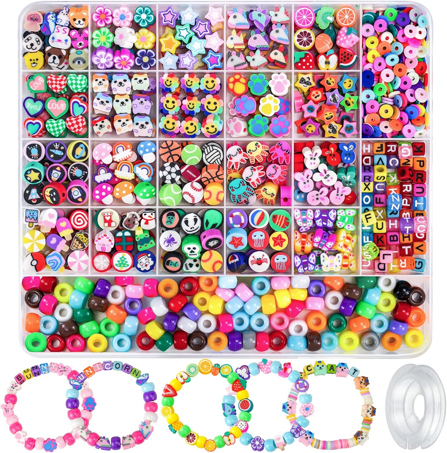 1200 Pcs Polymer Clay Beads Bracelet Making Kit, 25 Style Animal Fruit Flower Butterfly Bunny Pony Letter Beads