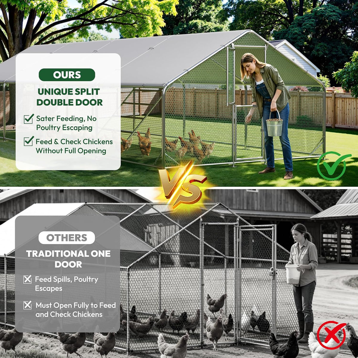 Extra Large Chicken Coop,26x10x6.6FT Metal Chicken Run for Yard with Feeding Door,Walk-in Chicken Pen,Outdoor Poultry
