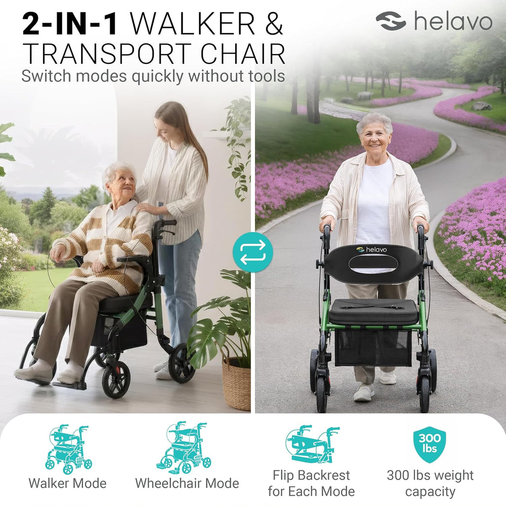Wide 2 in 1 Walker Wheelchair Combo with 10" All Terrain Wheels, Lightweight Rollator Transport Chair Combo, 300 lbs