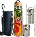 32oz Borosilicate Glass Water Bottle with Bamboo Lid and 2 Tea Infuser Sets for Fruit Infused Water and Cold Brew