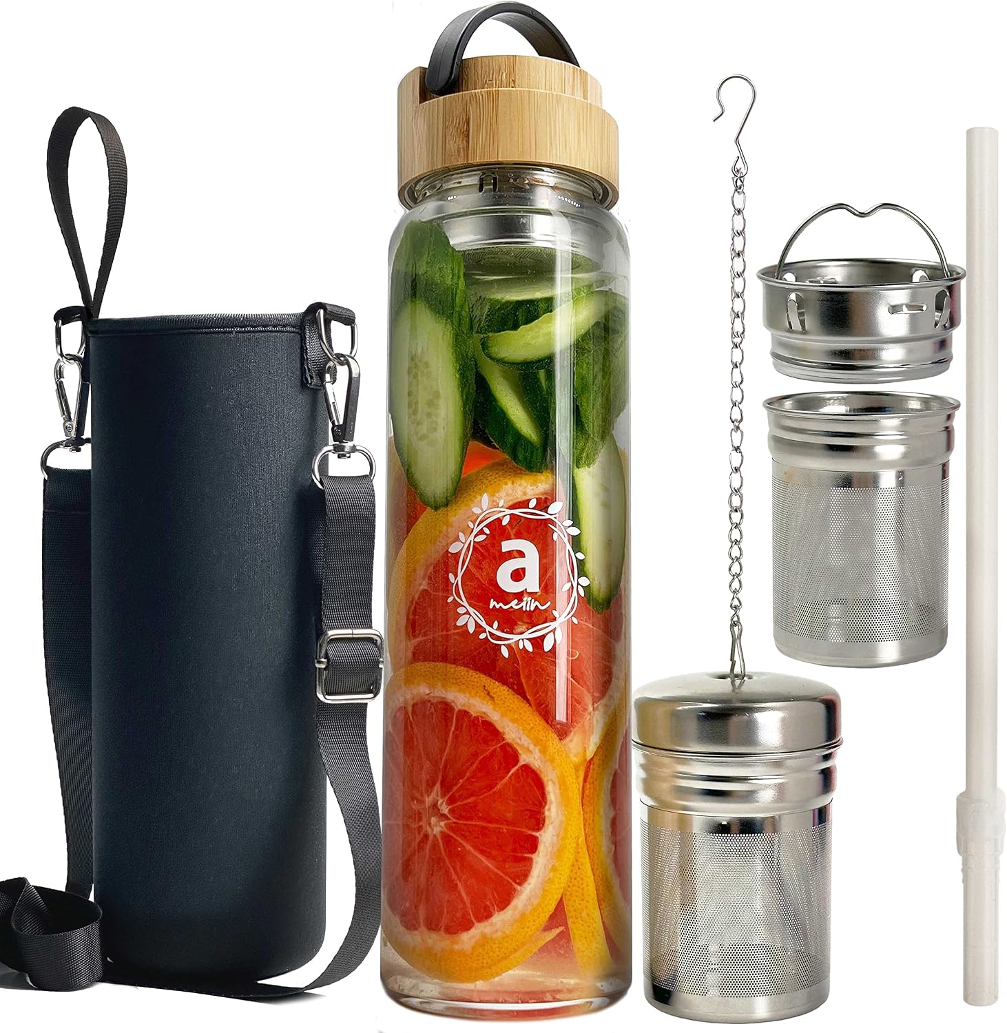 32oz Borosilicate Glass Water Bottle with Bamboo Lid and 2 Tea Infuser Sets for Fruit Infused Water and Cold Brew