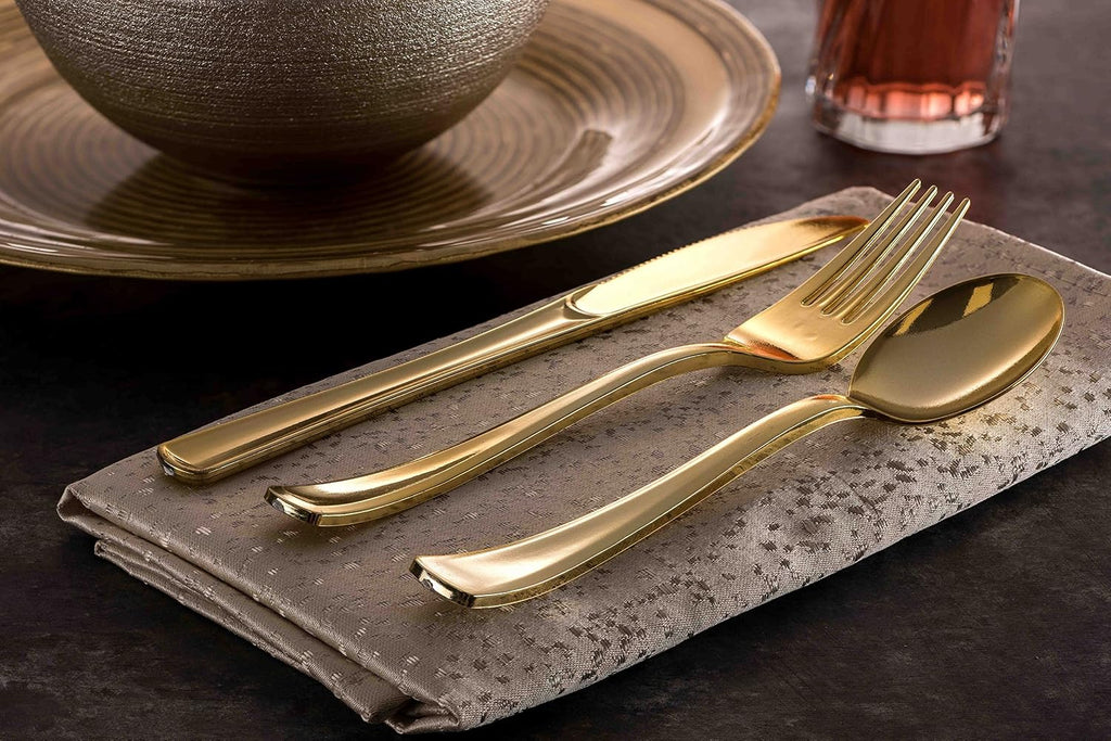 150 Gold Plastic Silverware Set - Disposable Flatware - 50 Forks, 50 Spoons, 50 Knives - Heavy Duty Cutlery for Party