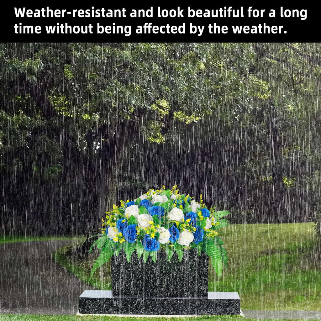 Artificial Cemetery Flowers, Silk Flower Arrangement,Artificial Rose Bouquet Grave Memorial Flowers with Headstone