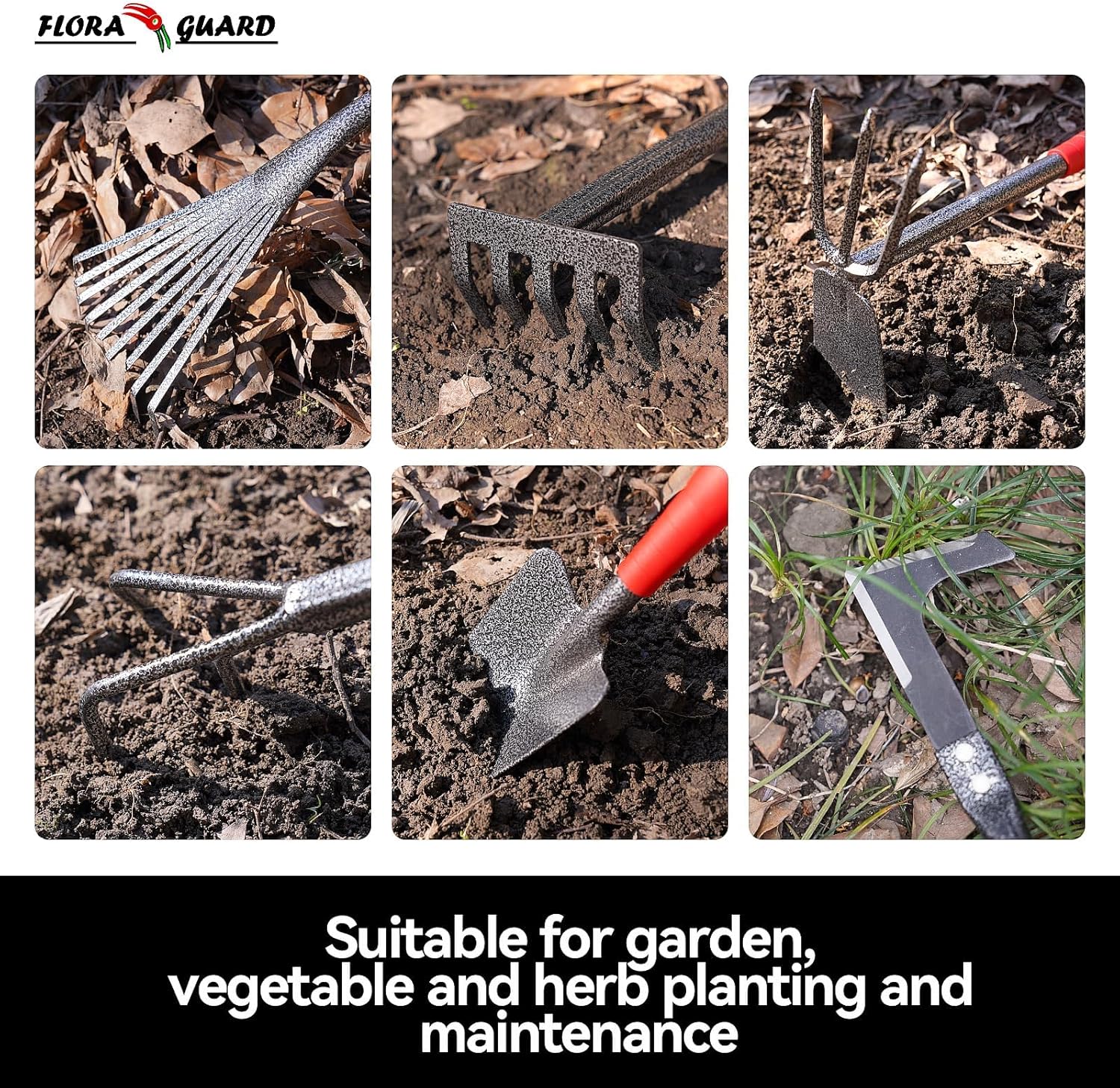 6-Piece Garden Tool Set, Heavy Duty Gardening Hand Tools with Trowel, Rakes, Cultivator, Hoe & Crack Weeder, High