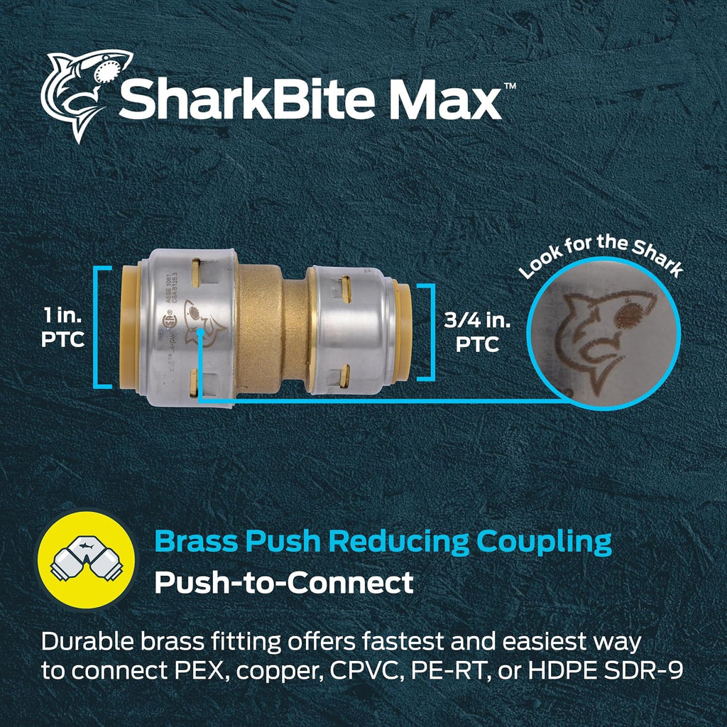 SharkBite Max 1 x 3/4 Inch Reducing Coupling, Push to Connect Brass Plumbing Fitting, PEX Pipe, Copper, CPVC, PE-RT, HDPE, UR060A