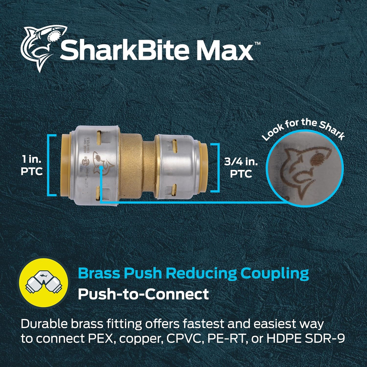 SharkBite Max 1 x 3/4 Inch Reducing Coupling, Push to Connect Brass Plumbing Fitting, PEX Pipe, Copper, CPVC, PE-RT, HDPE, UR060A
