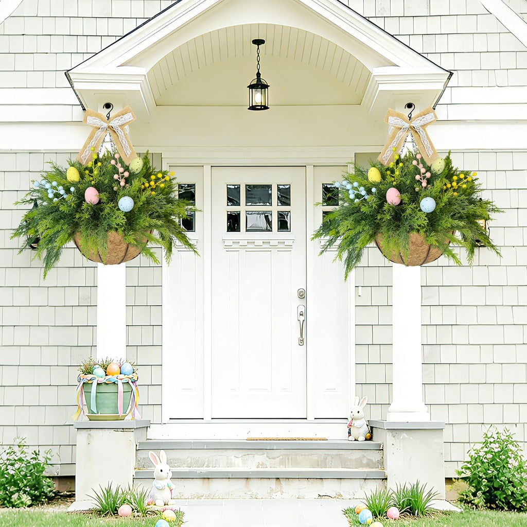 Set of 2 Easter Artificial Hanging Plant Flower Baskets, Fake Planter Hanging with 24 Pcs Cypress Leaves, Faux Ferns