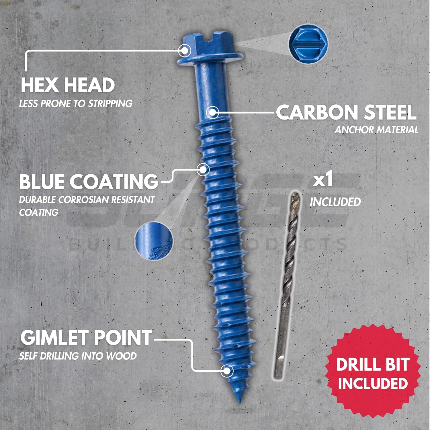 3/16" x 1-1/4" Hex Head Blue Concrete Screws with Drill Bit (Box of 100) | 3/16 Concrete Screws | Hex Masonry Screws
