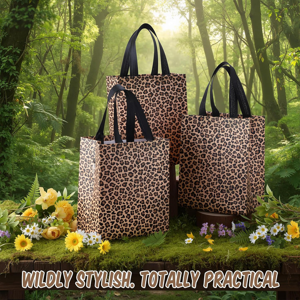 80 Pieces Leopard Gift Bags Set Glossy Reusable Tote with Handles Grocery Bags for Wedding, Bachelorette Party