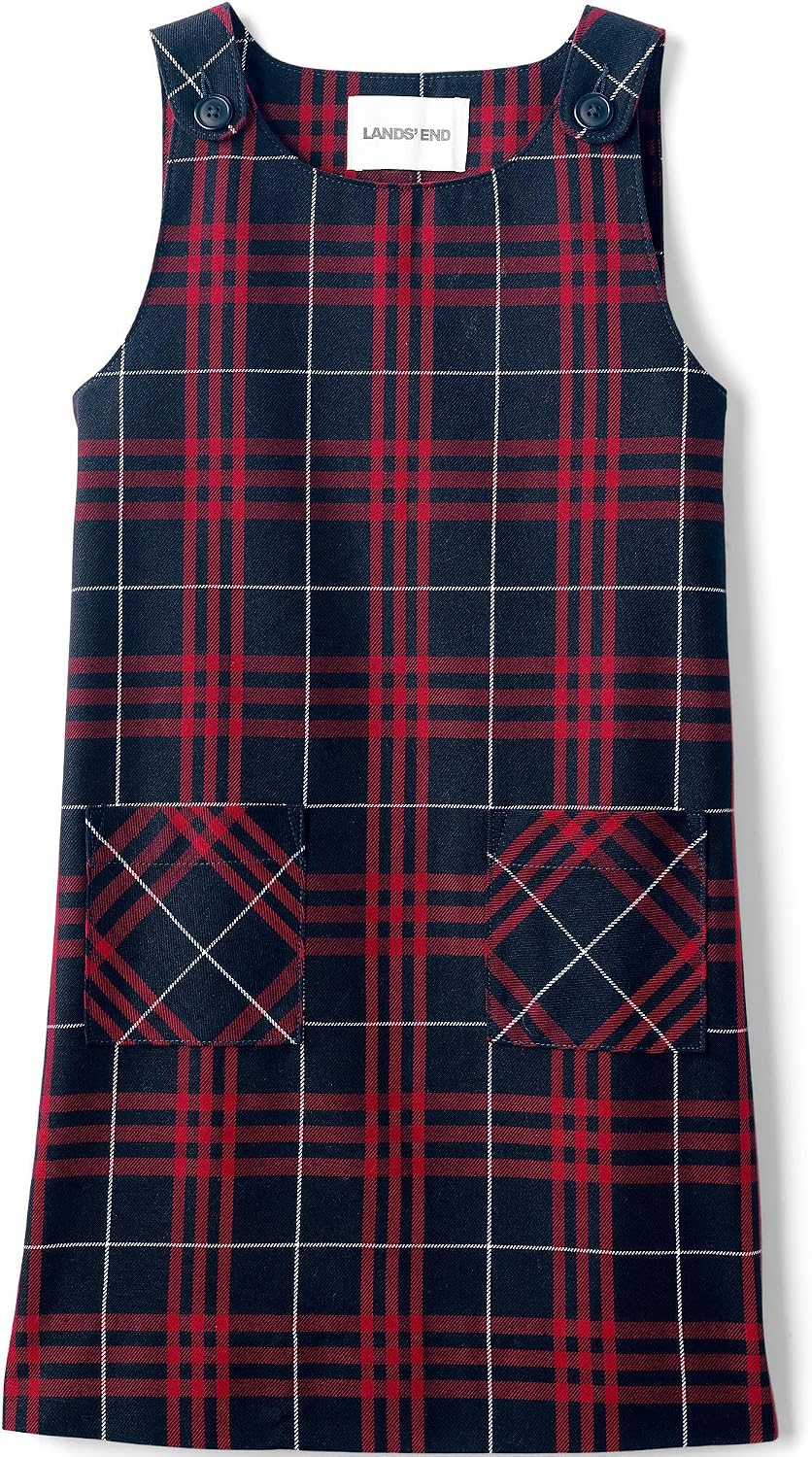 Girls Plaid Button Shoulder Patch Pocket Jumper 8 Classic Navy Large Plaid