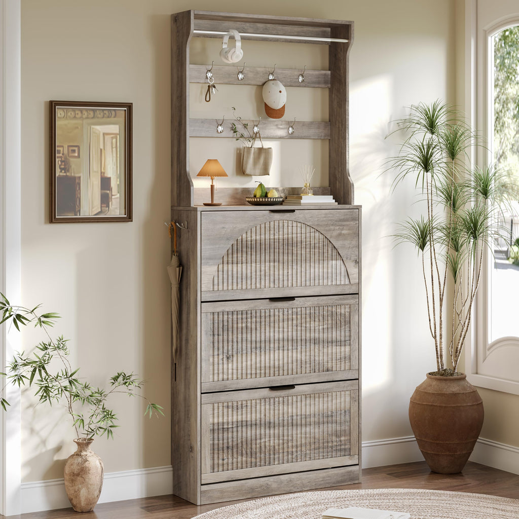 Shoe Cabinet for Entryway with Coat Rack, Slim Fluted Design