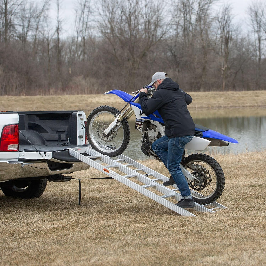 Aluminum Folding Motorcycle Ramp with Steps, 750 lb Capacity | Portable Loading Ramp and Storage Accessory for
