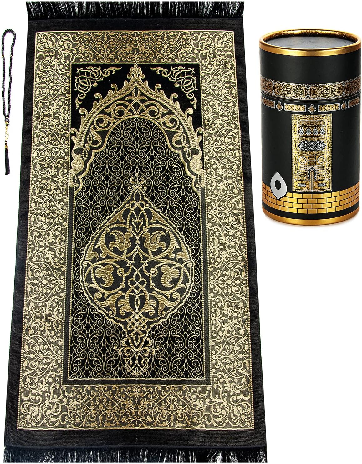 Muslim Prayer Rug and Prayer Beads with Elegant Design Cylinder Gift Box, Janamaz, Soft Sajadah, Islamic Gifts Set