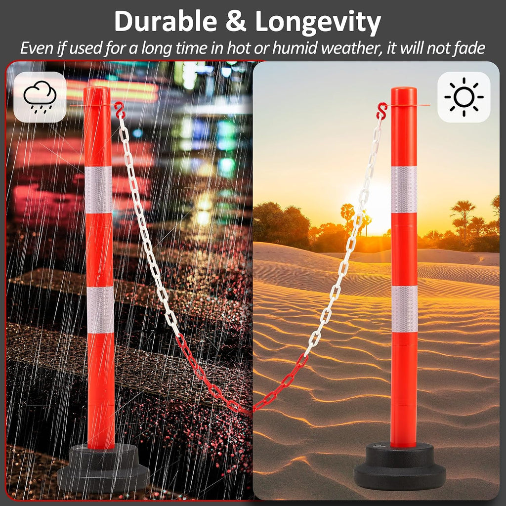 [4 Pack] 34 inch Traffic Delineator Post with Weighted Base, Orange Safety Cones with 5 FT Plastic Chain, Safety