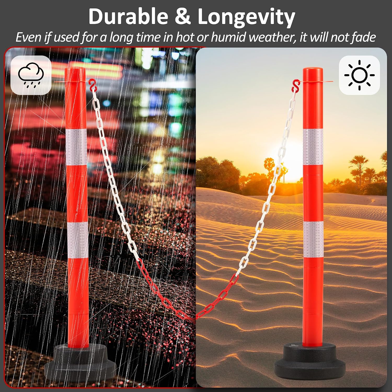 [4 Pack] 34 inch Traffic Delineator Post with Weighted Base, Orange Safety Cones with 5 FT Plastic Chain, Safety