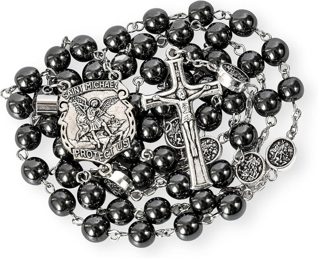 Nazareth Store Hematite Rosary Black Stone Beads Necklace Projection Our Father Prayer Medal with St. Michael