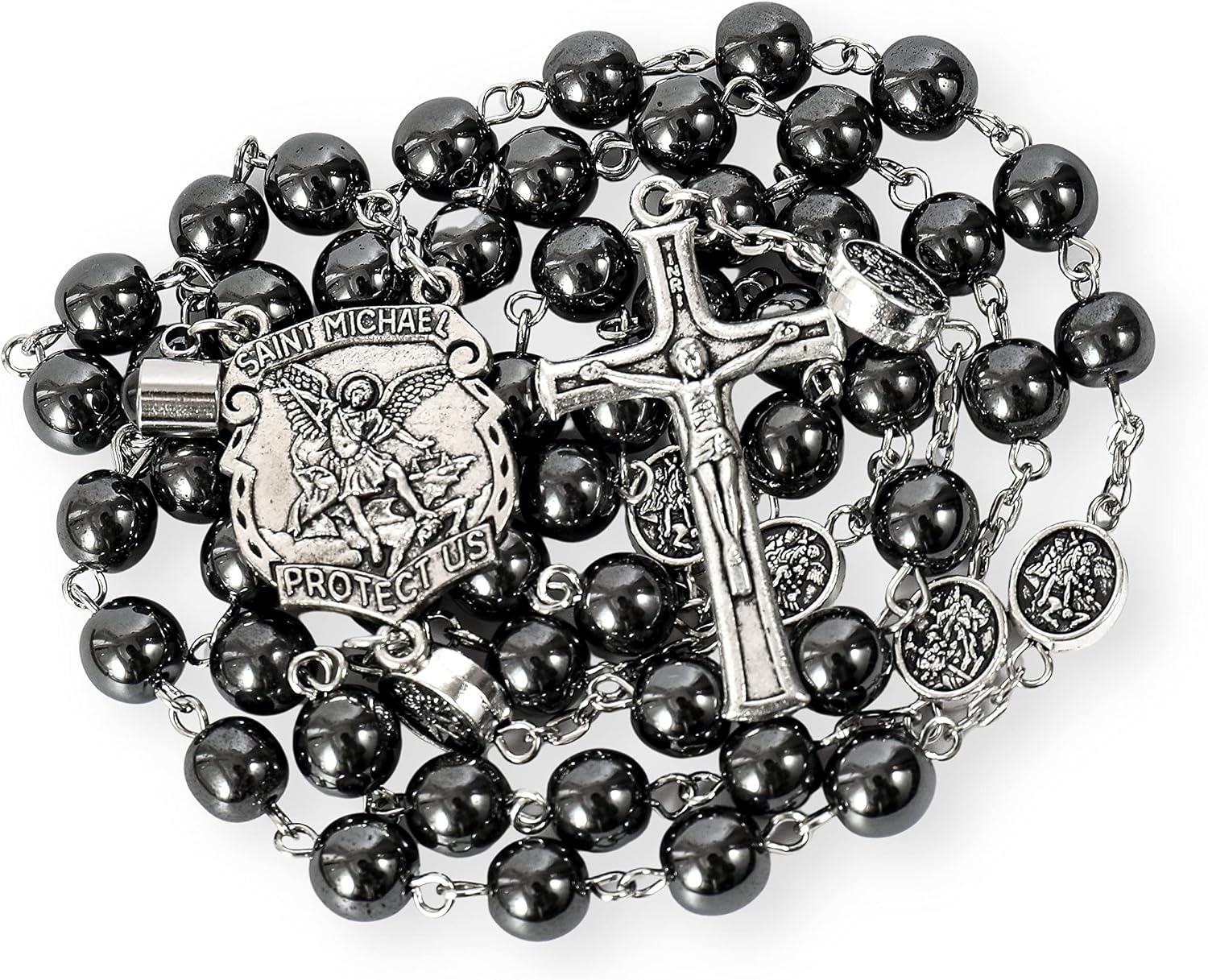 Nazareth Store Hematite Rosary Black Stone Beads Necklace Projection Our Father Prayer Medal with St. Michael