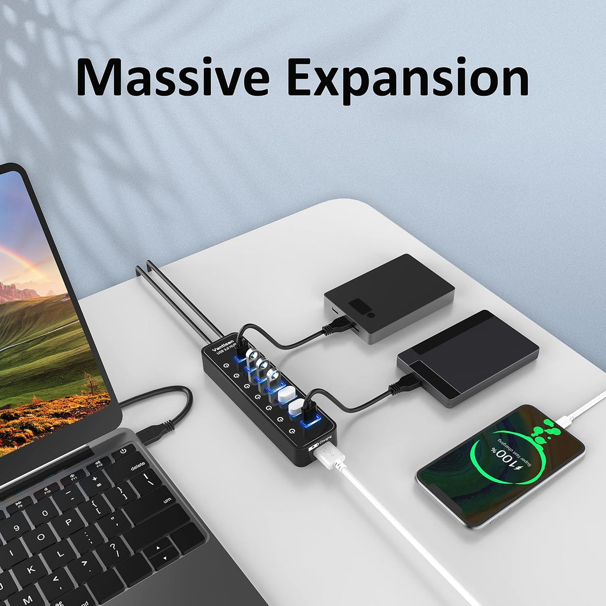 USB Hub 3.0 Powered, 7 Ports USB Data Hub Splitter with One Smart Charging Port and 5V/4A Powered Adapter and ON/Off