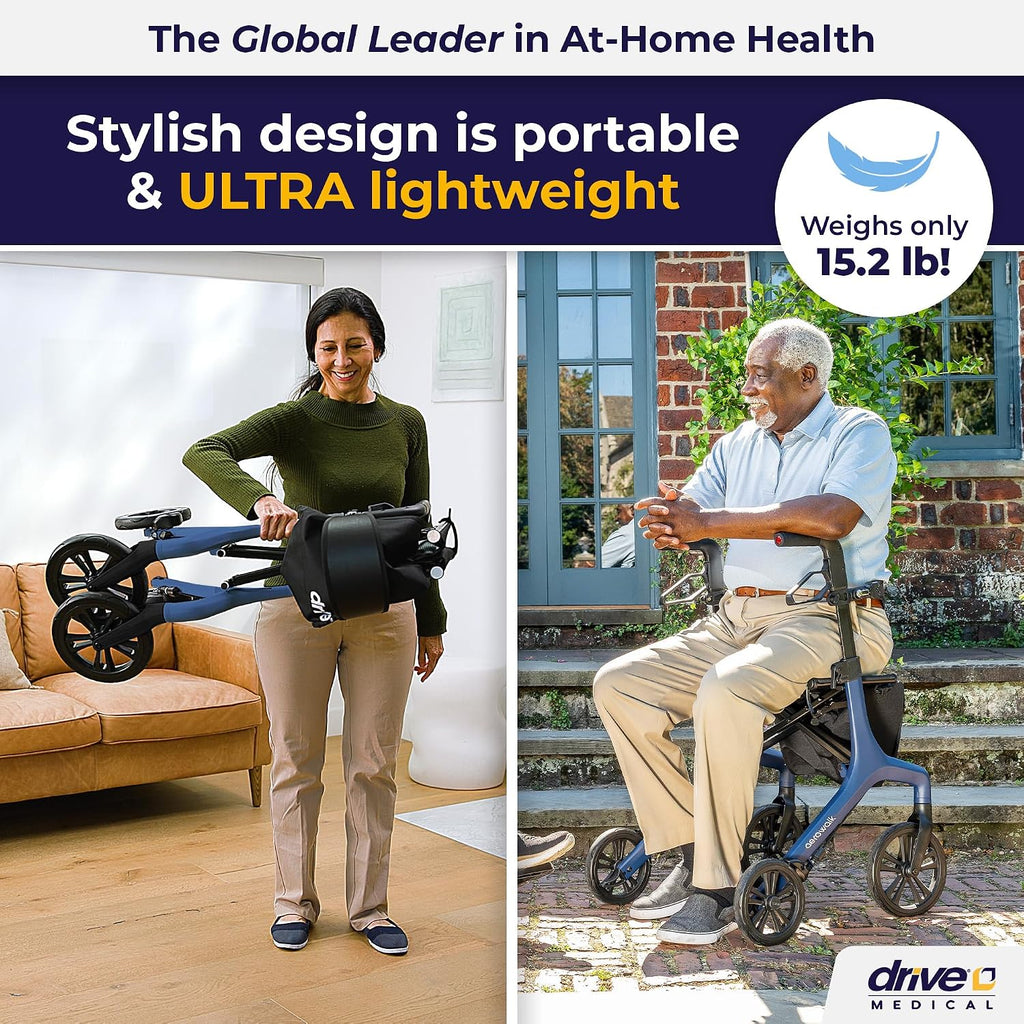 AeroWalk Ultra-Lite Rollator with Seat, Lightweight Adult Walkers with 4 Wheels, Folding Rolling Walker for Women
