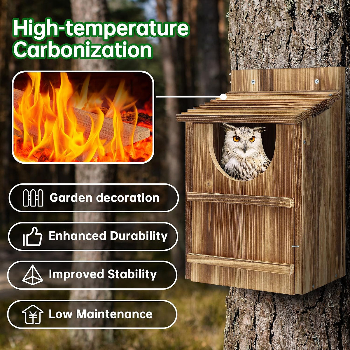 Durable Carbonized Cedar Owl House,Bird Box for Wildlife Lovers