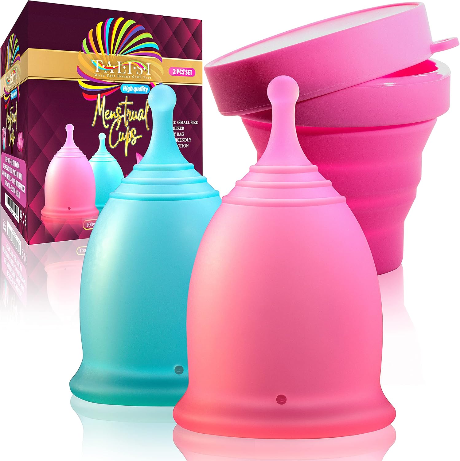Talisi Menstrual Cups Set of 2 with Collapsible Silicone Foldable Sterilizing Cup - Tampon and Pad Alternative