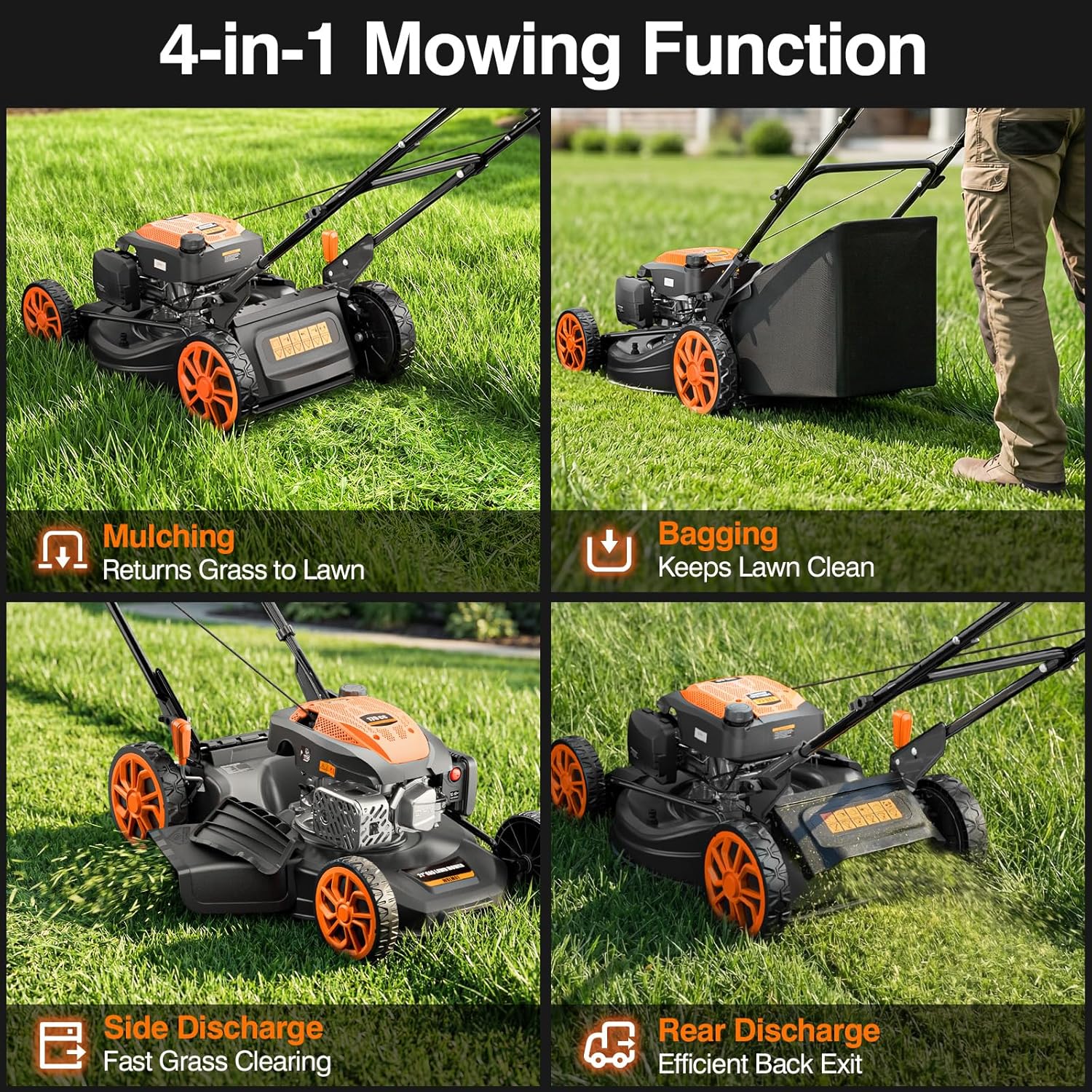 21” Self Propelled Lawn Mower Gas, 170CC 4-IN-1 Mulch/Rear Bag/Side Discharge/Rear Discharge, Walk-Behind Gas