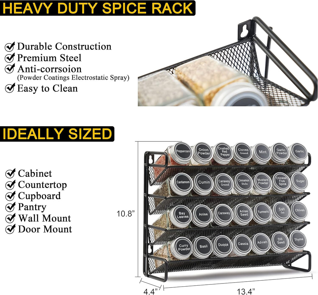 Spice Rack Organizer with 28 Spice Jars, 386 Spice Labels, Chalk Marker and Funnel Set for Cabinet, Countertop
