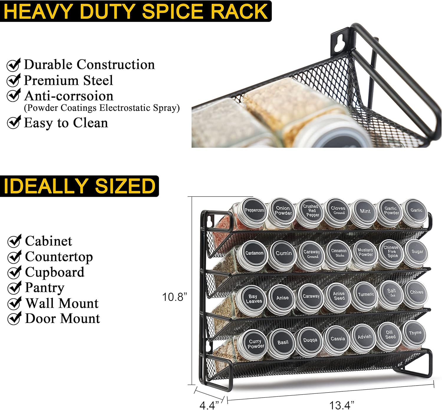 Spice Rack Organizer with 28 Spice Jars, 386 Spice Labels, Chalk Marker and Funnel Set for Cabinet, Countertop