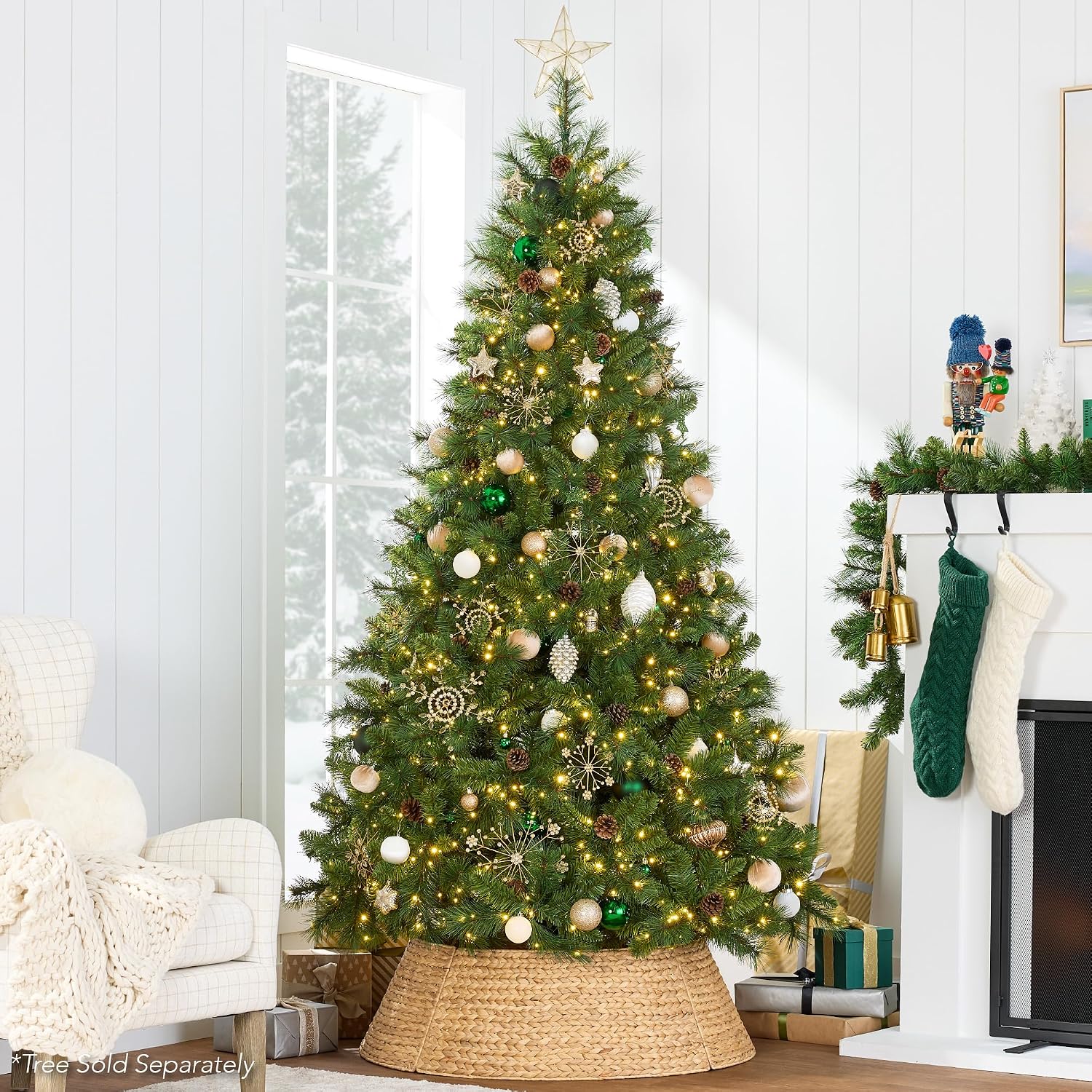 36in Christmas Tree Collar, Woven Hyacinth 3-Piece Holiday Rattan Tree Skirt Accessory for Home w/Cord Cut-Out - Natural
