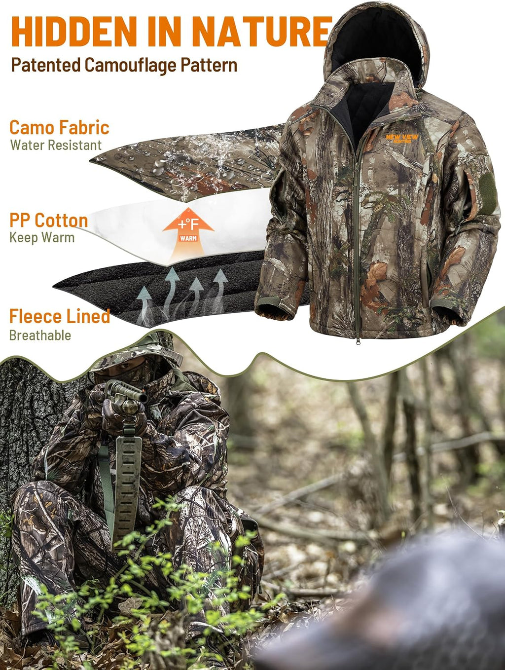 Insulated Hunting Jacket for Men Cold Weather, Warm Camo Hunting Jackets with Hood, Water Resistant Hunting Clothes