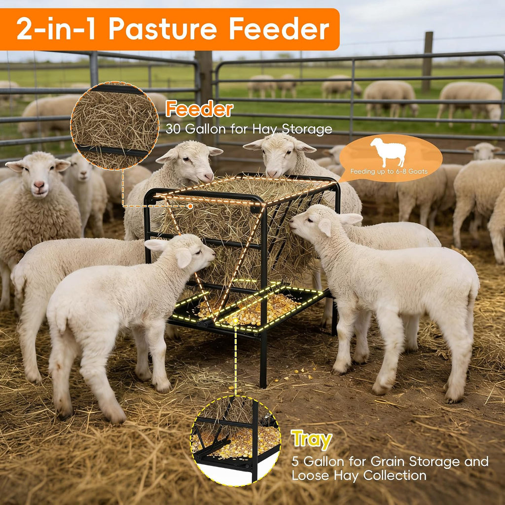 Hay Feeder for Goat, 35 Gallon Heavy-Duty Livestock Feeder | Metal Pasture Feeder for Ponies, Goats and Sheep, Sheep