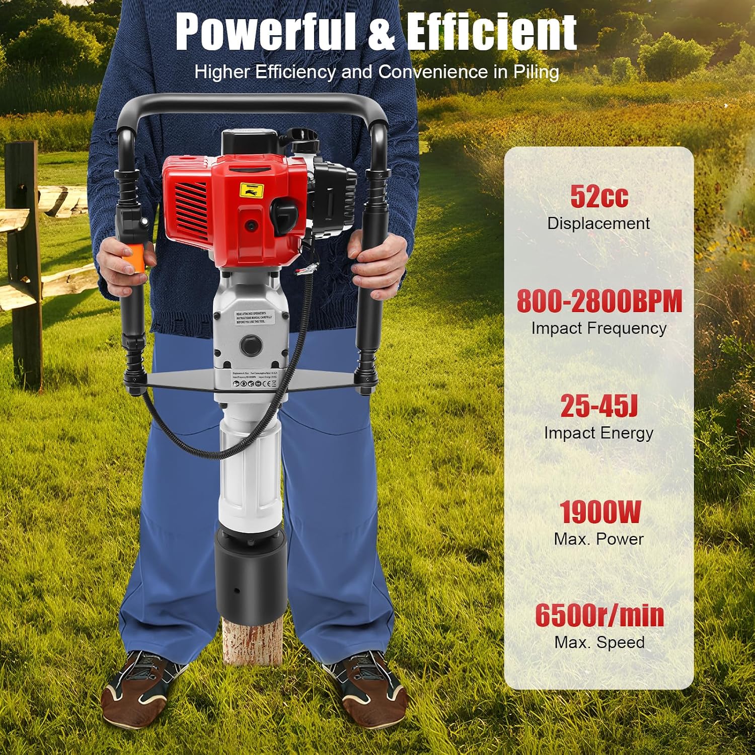 Gas Powered T Post Driver, 52CC 2 Stroke Fence Post Driver with Low Fuel Consumption & Spring Damping Farm Piling