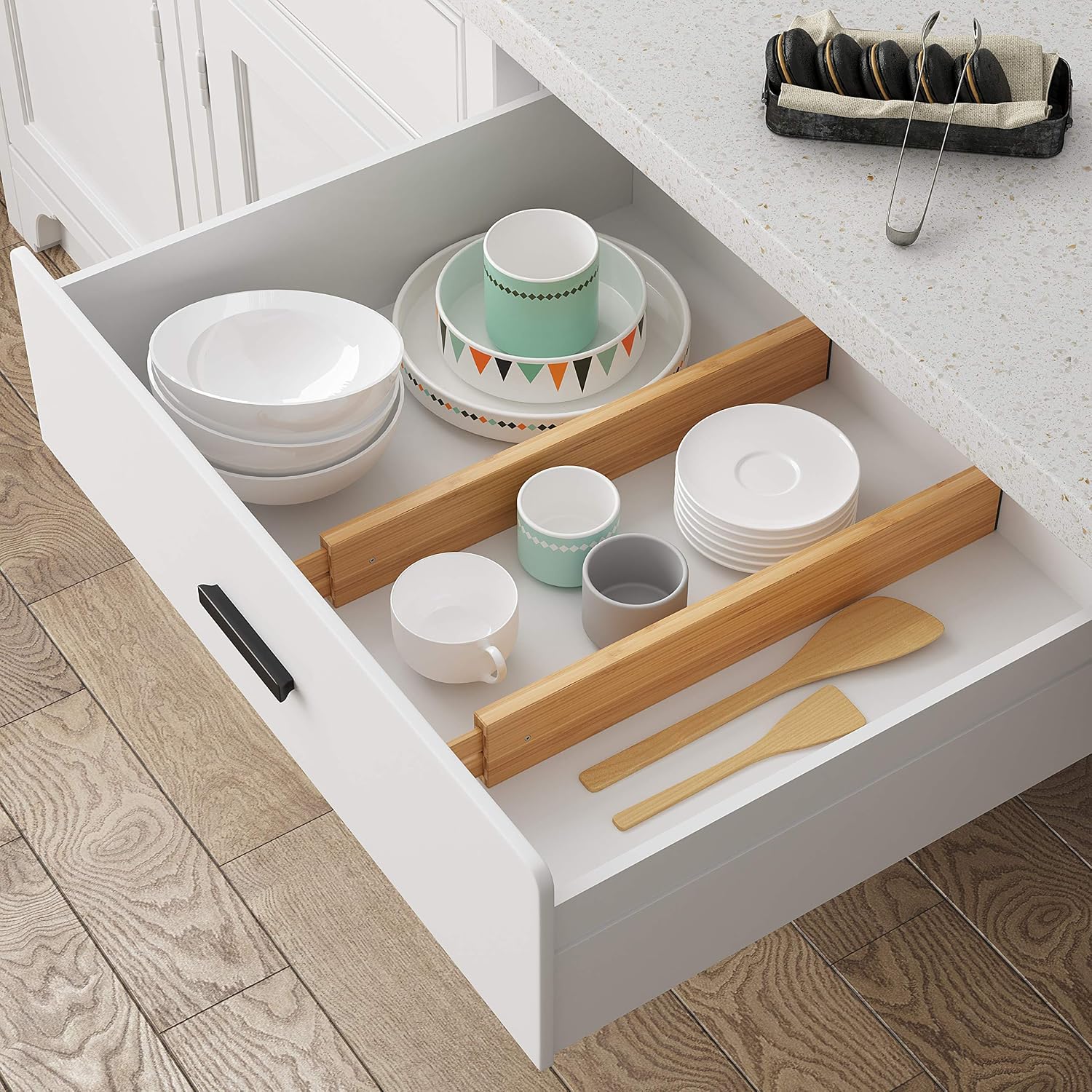 Bamboo Expandable Drawer Dividers – Fits 16.6"–22" Drawers, 2" High, Set of 4 | Spring-Loaded Bamboo Separator for