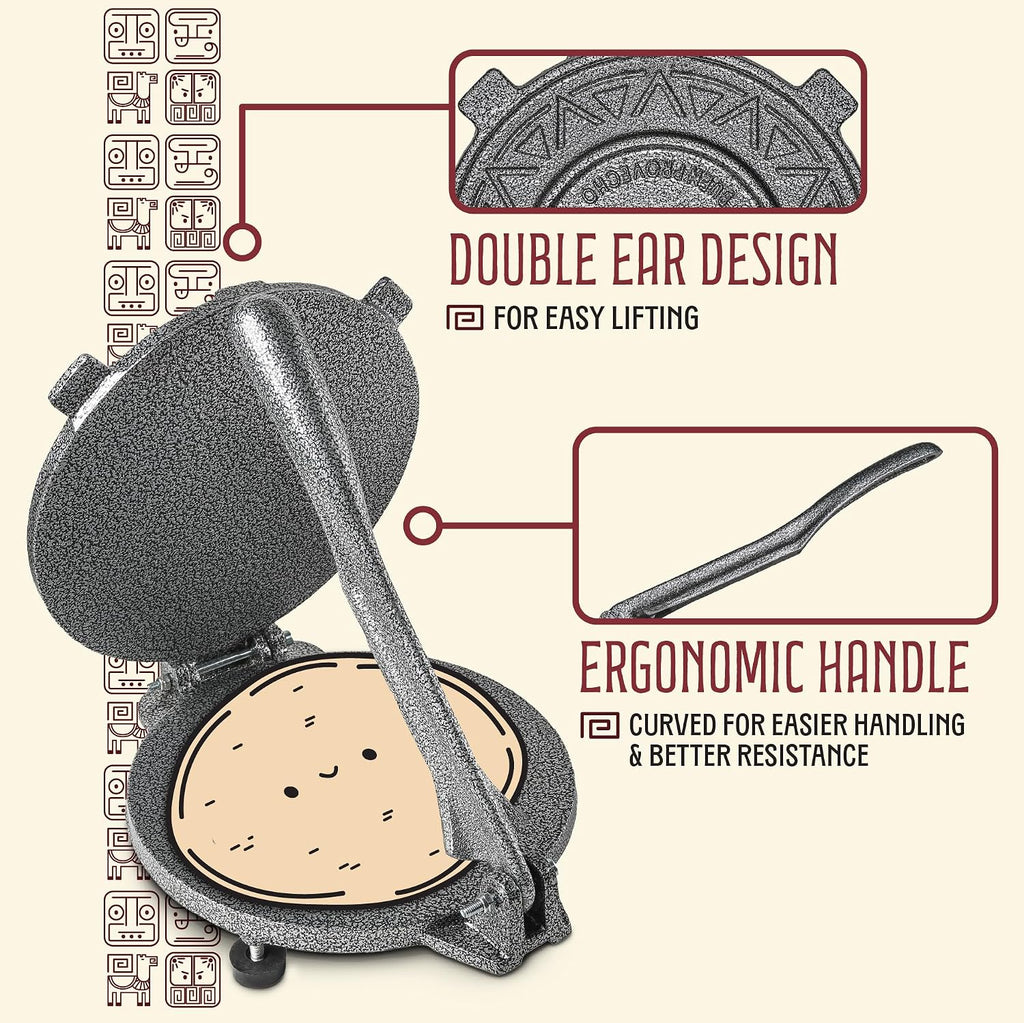 Cast Iron Heavy Duty Tortilla Press (Version 2.0). Commercial Grade Pataconera Presser. Perfect Maker for Flour or