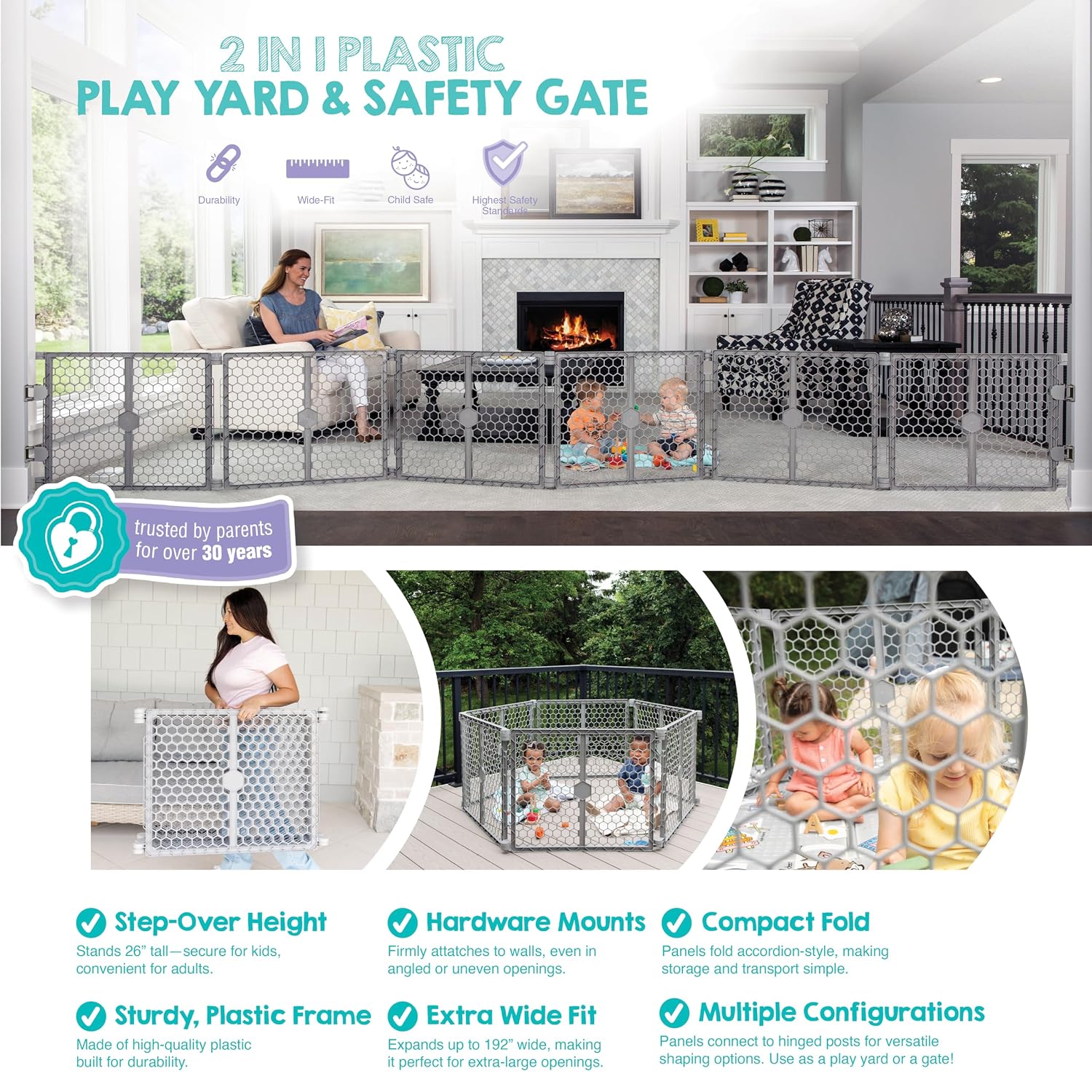 Safety 192" Super Wide Baby Gate & Play Yard, 2-in-1 Adjustable Playpen for Babies, Toddlers & Pets, Includes Wall