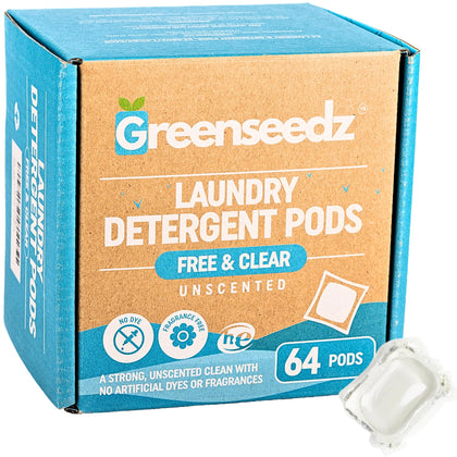 Laundry Detergent Pods Free & Clear, Unscented, 64 Count, Eco Friendly, Biodegradable, HE Compatible, Powerful Stain