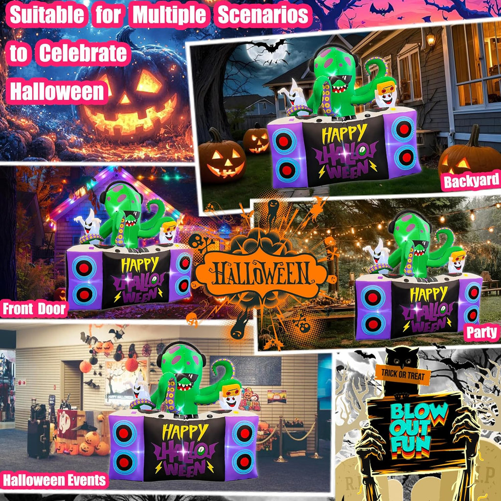 Halloween Inflatables,6FT DJ Octopus Playing Music on Turntables with Ghost Decoration Built-in LEDs Blow Up Yard