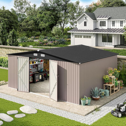 14x12 FT Outdoor Storage Shed, Metal Shed with Lockable Doors, Brown | Galvanized Metal Shed Sloped Roof, Heavy Duty